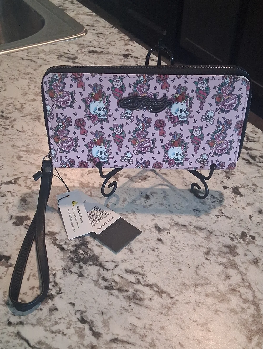 Ed Hardy Pink Skull & Rose Zip Wallet Wristlet with Black Trim